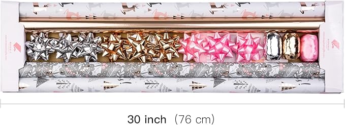 WRAPAHOLIC Christmas Wrapping Paper Set - Rose Gold and Pink Holiday Design with Metallic Foil Shine Wrapping Paper Bundle with Gift Bow & Ribbon & Tag & Sticker