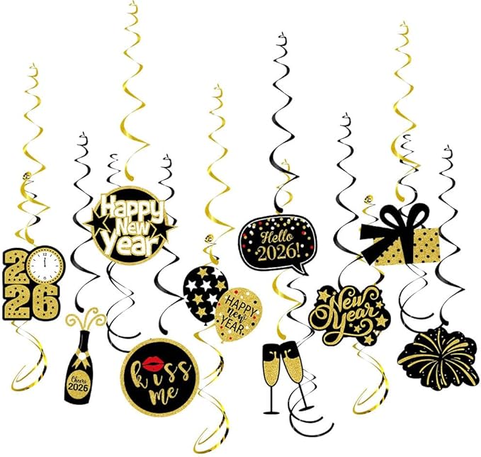 Happy New-Year’s Eve Party-Decoration Banner Garland - 16pcs Black Gold 2026 Swirl Streamers Banner, Nye Kids Hanging Supplies Decor Lasting Surprise