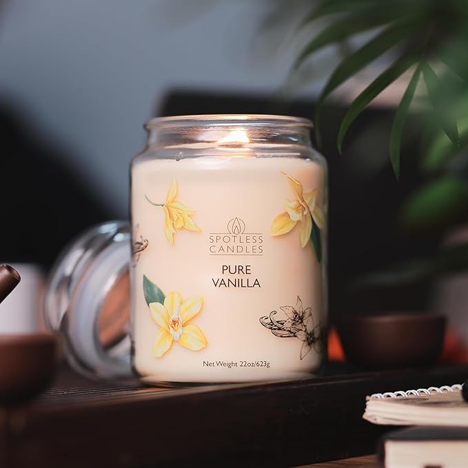 Vanilla Candle 22oz 16" x 9" Reusable Jar Candle 130 Hours Long Burn Time with Wooden Wick in Presentation Gift Box & Protective Shipper Spotless Leopard