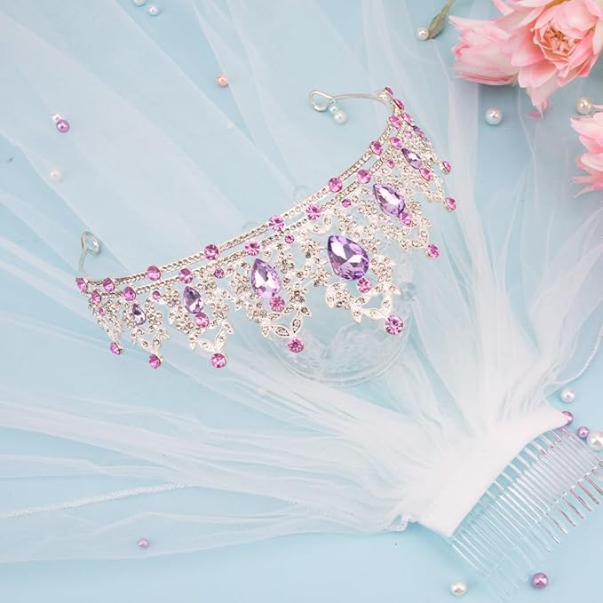 Crown and Wedding Veil Set Crown Headband Purple Crown Wedding Crown for Bride Silver Crown Bachelorette Veil Bride Veil Crystal Crown for Bachelorette Wedding Party Anniversary