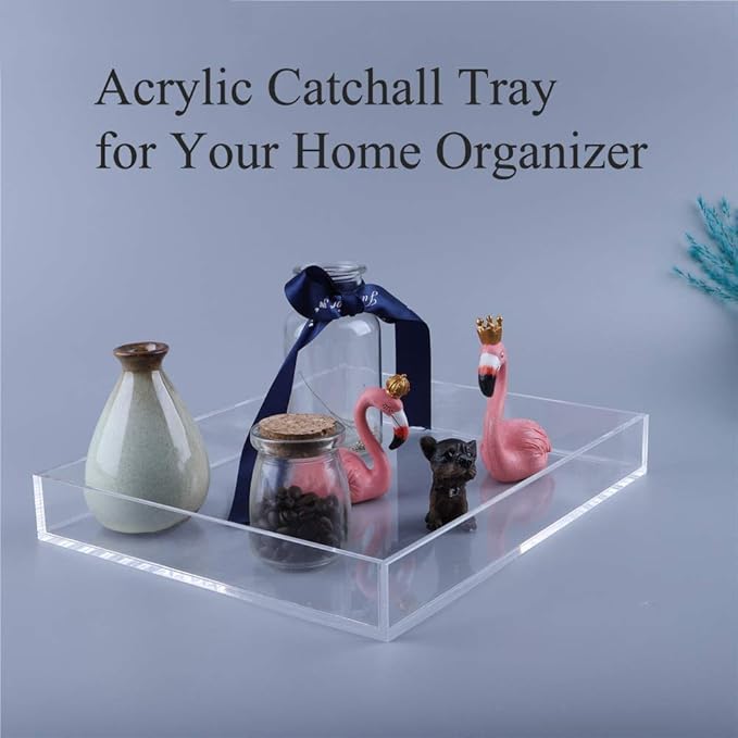 Waterproof Acrylic Serving Tray, Sturdy Thick Nightstand Dresser or Bathroom Vanity Tray Organizer for Change, Coin, Key, Phone, Glasses, Clear Acrylic Storage Valet Organizer