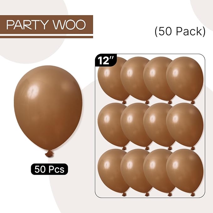 PartyWoo Brown Balloons 50 pcs 12 Inch Latex Helium Neutral Balloons for Baby Shower Birthday Graduation Woodland Safari Theme Jungle Cowgirl Farm Bear Camping Hunting Party Decorations Brown-F09