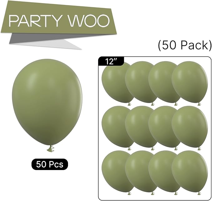 PartyWoo Sage Green Balloons 50 pcs 12 Inch Matte Sage Olive Green Boho Neutral Eucalyptus Latex Helium Balloons for Wedding Baby Shower Gender Reveal Birthday Graduation Party Decorations Green-F11