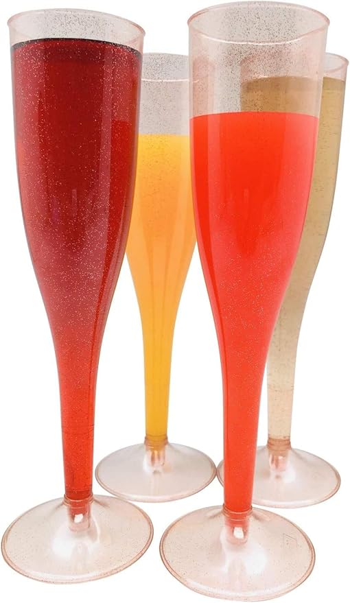 Oojami 100 Plastic Classic Champagne Disposable Flutes for Parties Plastic cups Wedding Party Toasting Cocktail Cups Bulk Party Pack (Rose Gold Rim)