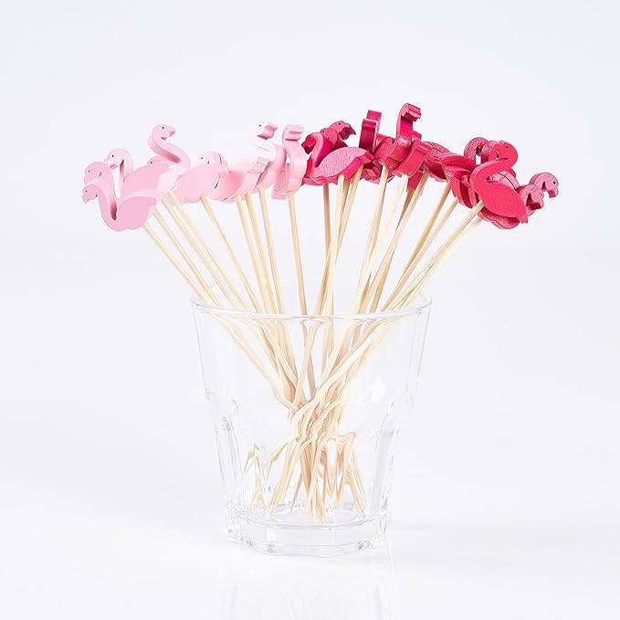 PuTwo Cocktail Picks Handmade Bamboo Toothpicks 100ct 4.7" in Flamingo Decor