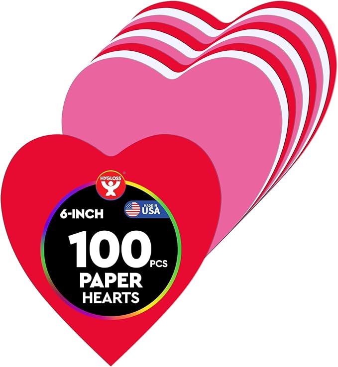 Hygloss Heart Shape Paper Cut-Outs for Arts & Crafts-Many Creative Uses-Valentine’s Day Activities-6 Inches-100 Pcs, Red, Pink & White