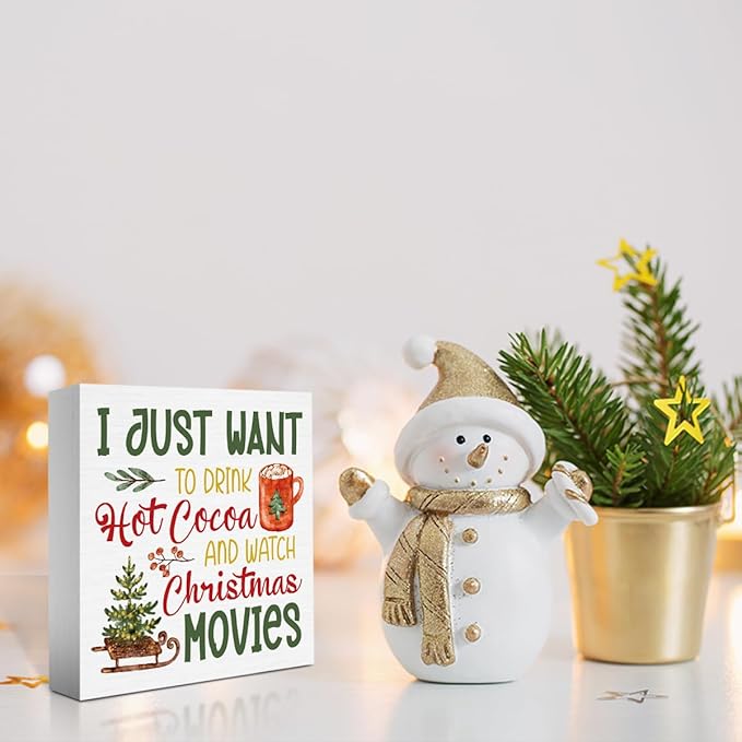 Christmas kitchen Coffee Decor Xmas Lets Bake Stuff Drink Hot COCOA & Watch Christmas Movies Sign for Holiday Kitchen Home Coffee Party Decoration 5 X 5 Inch