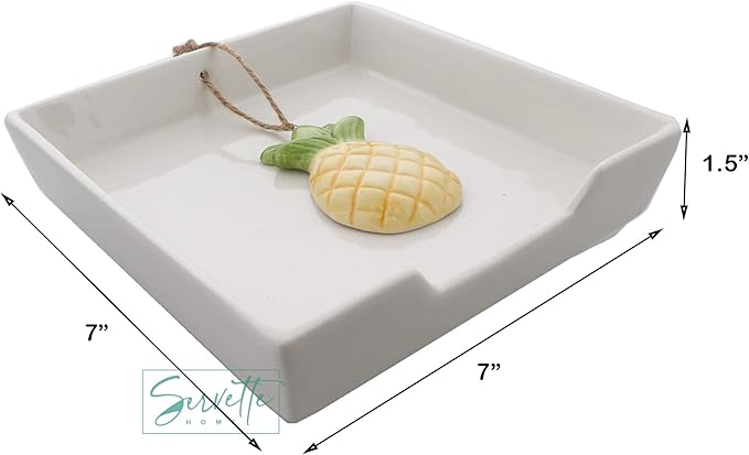 White Ceramic Lunch Napkin Holder with Roped Weight - Pineapple