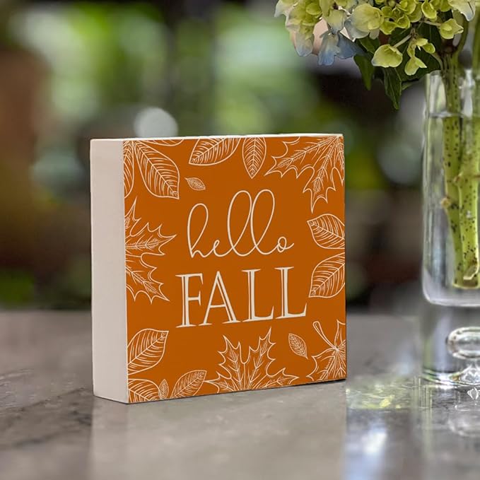Fall Theme Sign Retro Farmhouse Fall Artwork Decor Autumn Harvest Thanksgiving Wooden Sign, Rustic Wood Maples Decorations for Indoor Outdoor Home Office Supplies (Hello Fall)