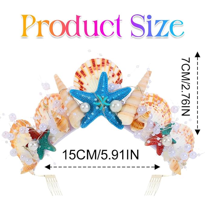 Kilshye Light Up Mermaid Crown Starfish Tiara Shell Beach Headband Hair Accessories for Women