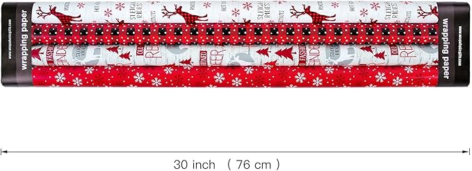 WRAPAHOLIC 30 Inch Christmas Wrapping Paper Roll - Jumbo Roll Rustic Holiday Woodland Scenes - Snowflake, Plaid, Reindeer - 4 Rolls - 30 Inch x 120 Inch Per Roll