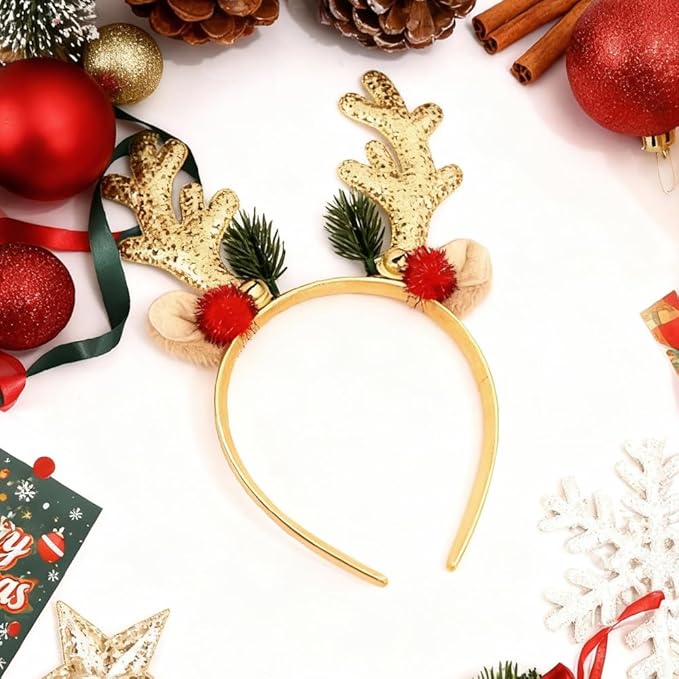 TODDER Gold Christmas Headband, Reindeer Antlers Ears Headband for Adults and Kids, Christmas Hair Accessories Deer Antlers Costumes for Themed Parties and Cosplay