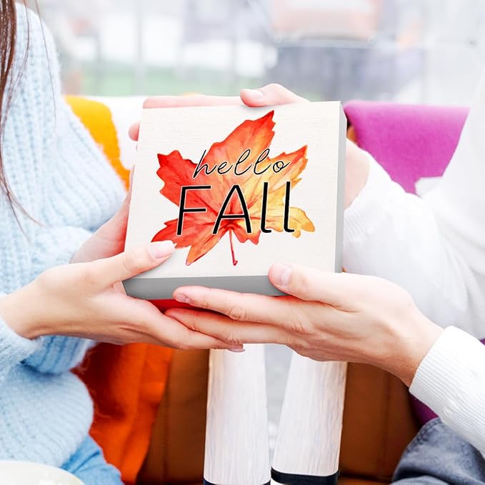 Funny Hello Fall Wood Box Sign Hello Autumn Maple Leaves Wooden Block Desk Decor for Home Office Kitchen Cubicle Table Shelf Tabletop,Farmhouse Fall Sign Decor