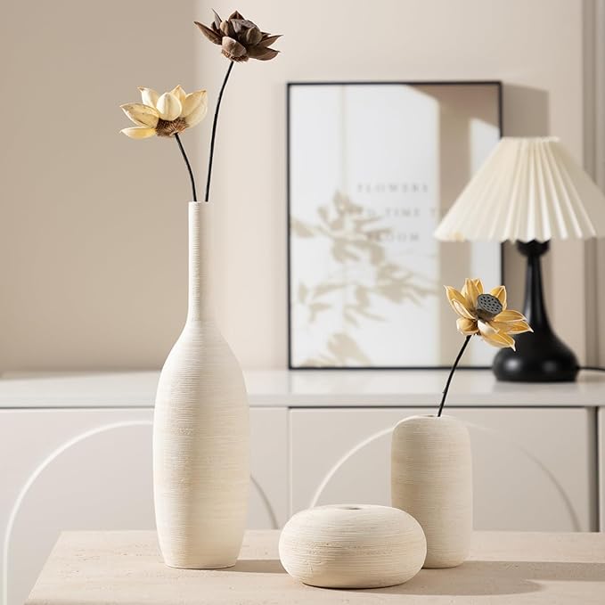 Ceramic Vase Set of 3 Flower Vases Home Decor Modern Boho Rustic Farmhouse Large Decorative Aesthetic Minimalist Matte Vases for Centerpieces Living Room Table Shelf (Beige White)