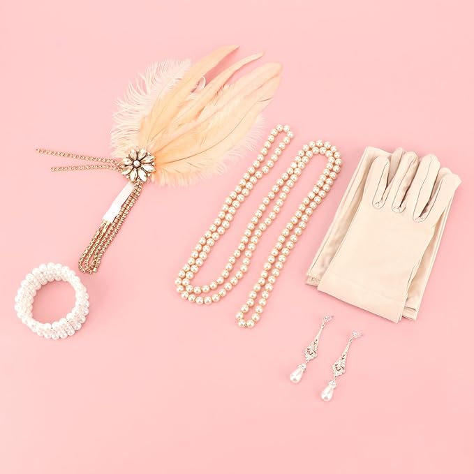 DRESHOW 1920s Great Gatsby Accessories for Women Flapper Headpiece Headband Gloves Costume Harlem Nights Accessories Set