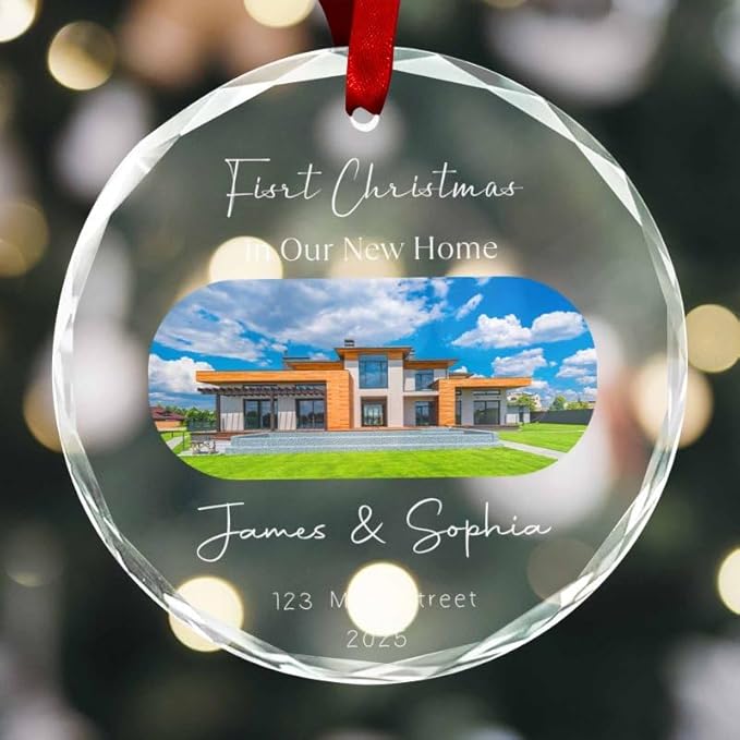 Personalized Round Christmas Crystal Glass Ornaments Custom 2025 Xmas Ornament for Christmas Tree Decor Customized First Christmas in New Home Tree Hanging