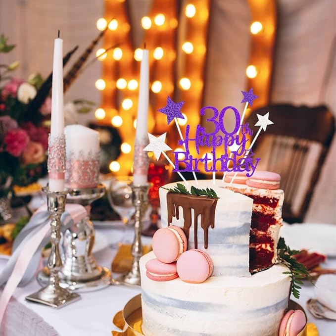 Glittery 30th Happy Birthday Cake Topper with Star,Personalised 30 Birthday Cake Toppers Party Decorations Party Supplies for Men Women Purple Silver