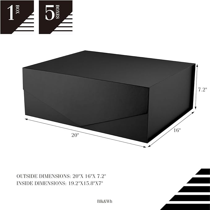 BLK&WH 5 Extra Large Gift Box with Lid 19.2x15.8x7 Inches, Black Gift Box for Clothes and Large Gifts (Matte Black)