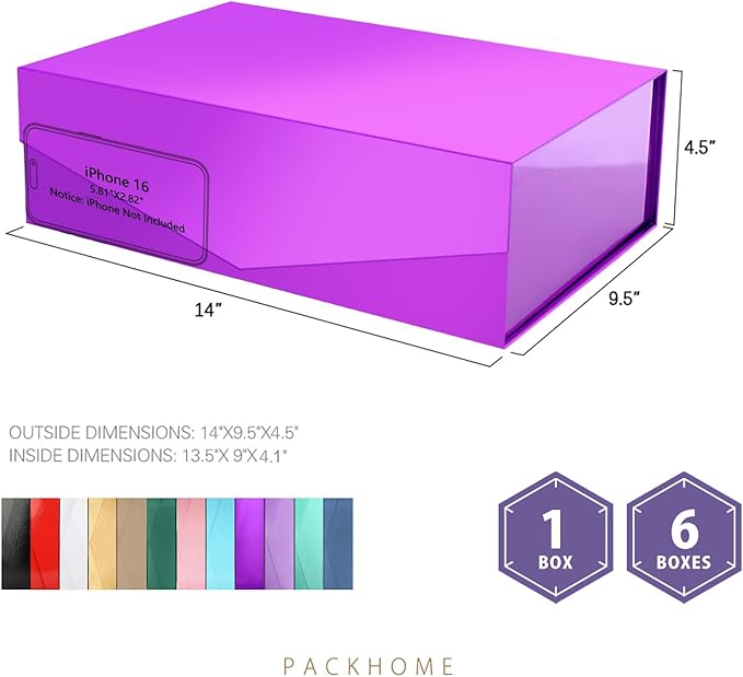 PACKHOME 6 Large Gift Boxes with Lids 13.5x9x4.1 Inches, Sturdy Collapsible Gift Boxes with Magnetic Closure (Glossy Purple)