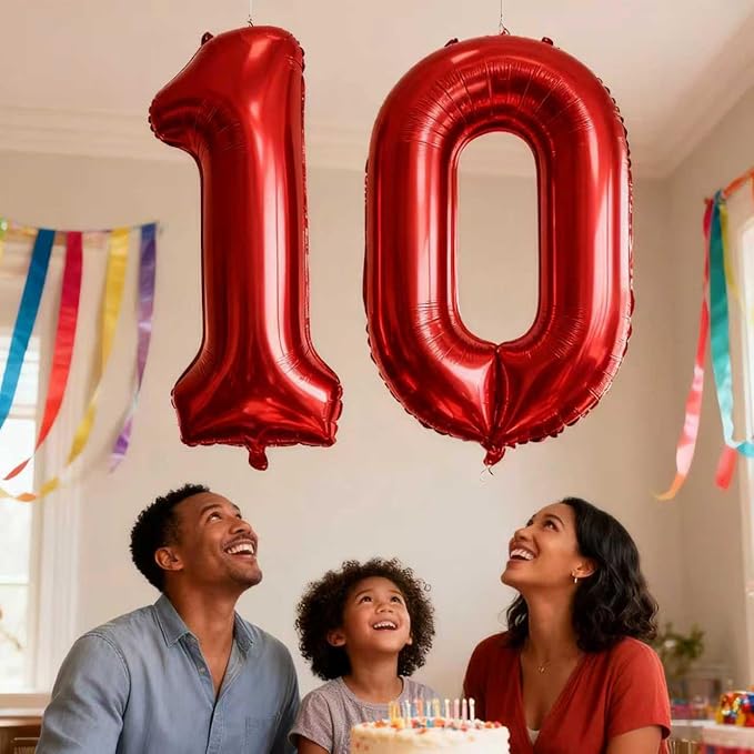 Laser Red Number 10 Balloons 40 Inch Giant Number Red 10 Foil Mylar Balloons for 10th Birthday Anniversary Events Party Decorations