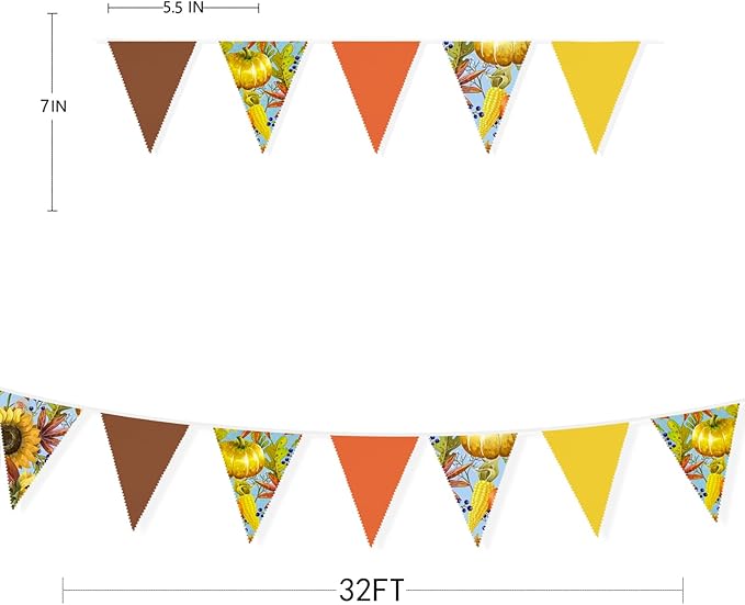 32Ft Orange Yellow Brown Banner Pumpkin Triangle Flag Fabric Pennant Garland Bunting for Happy Fall Decor Thanksgiving Day Harvest Autumn Wedding Birthday Party Home Outdoor Garden Hanging Decoration