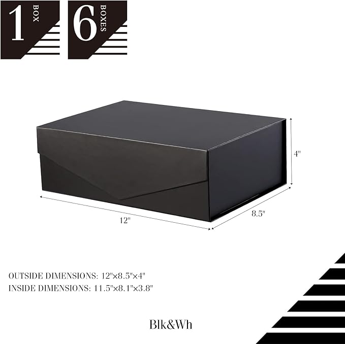 BLK&WH 6 Gift Boxes - 11.5x8.1x3.8 Inches, Large Black Magnetic Groomsman Boxes with Lids (Matte Black)
