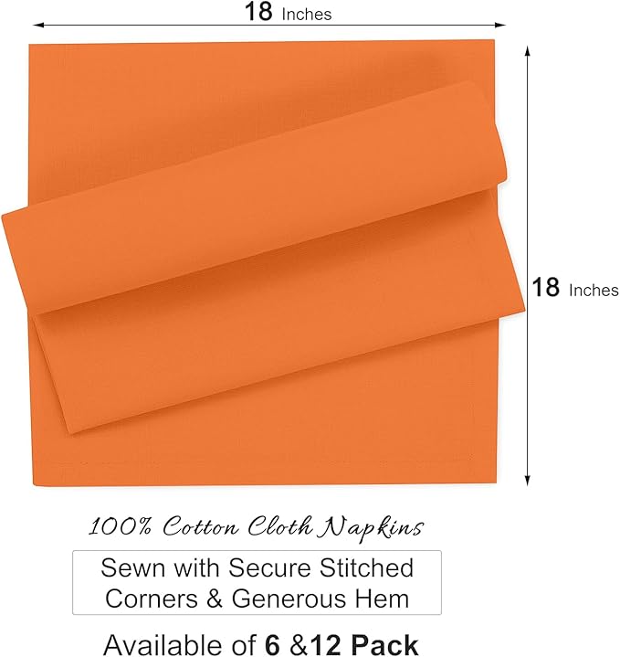 Ruvanti Premium Cloth Napkins Set of 12, 18x18 Inches, 100% Cotton, Washable, Soft & Absorbent, Perfect for Wedding, Christmas, Thanksgiving Dinners - Orange Peel