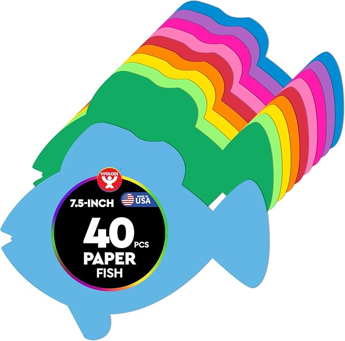 Hygloss Fish Shape Paper Cut-Outs for Arts & Crafts-Many Creative Uses-Classroom Activities-7.5 Inches-40 Pcs, Assorted Vibrant Colors