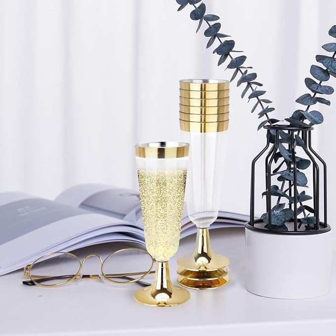 bUCLA 100 Pack Gold Plastic Champagne Flutes - 5OZ Plastic Champagne Glasses With Gold Rim - Premium Quality Gold Disposable Cups-Ideal for Thanksgiving Party, Weddings