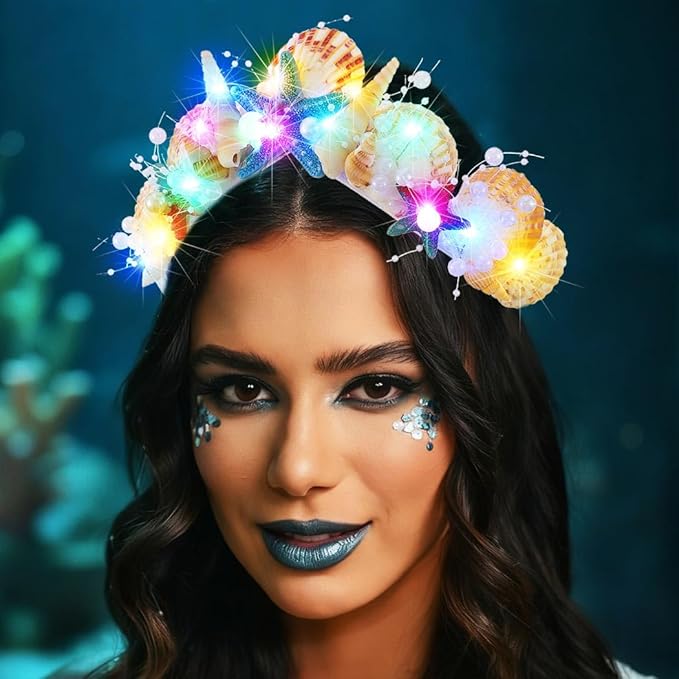BARTOSI Mermaid Crown Light Up Seashell Headband Mermaid Costume Hair Accessories for Women