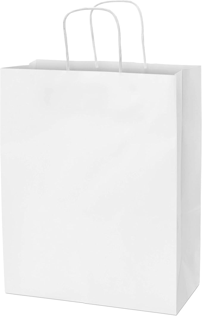 Prime Line Packaging White Gift Bags, Shopping Gift Bags Medium with Handles for Small Business, Boutiques, Retail, Merchandise, Party Favors, Bulk 10x5x13, 100 Pack