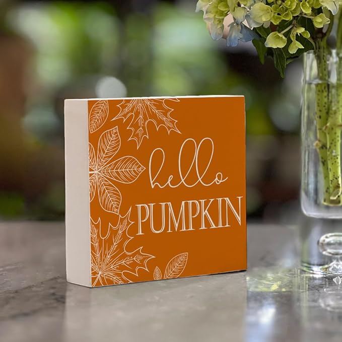 Fall Theme Sign Retro Farmhouse Fall Artwork Decor Autumn Harvest Thanksgiving Wooden Sign, Rustic Wood Maples Decorations for Indoor Outdoor Home Office Supplies (Hello Pumpkin)