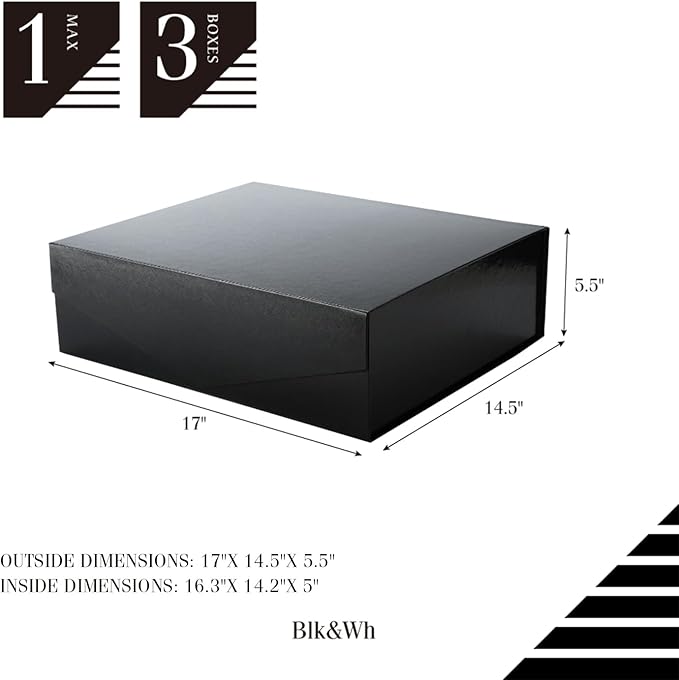 BLK&WH 3 Extra Large Gift Boxes with Lids 16.3x14.2x5 Inches, Black Gift Boxes for Clothes and Large Gifts (Glossy Black with Grass Texture)