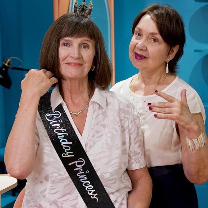 Birthday Princess Sash for Women Tiara & Crowns Headbands for Girls Happy Birthday Party Accessories Favor Supllies Leona Gold Black Pink, 2 Pack