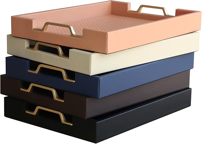 HofferRuffer Faux Leather Rectangle Serving Tray Decor Platter with Gold Metal Handles for Coffee Table, Breakfast, Tea, Food, Countertop, Kitchen, Butler Tray, 16.2 x 12.2 x 2 inches (Cream White)