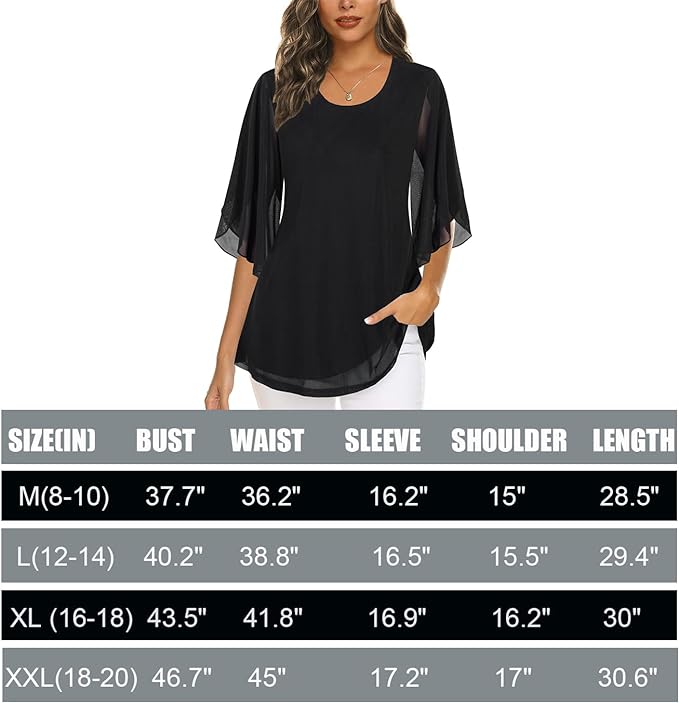 Ninedaily Women's Tops 3/4 Sleeve Blouses Dressy Casual Double Layers Mesh Tunic Shirts