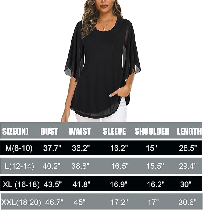 Ninedaily Women's Tops 3/4 Sleeve Blouses Dressy Casual Double Layers Mesh Tunic Shirts