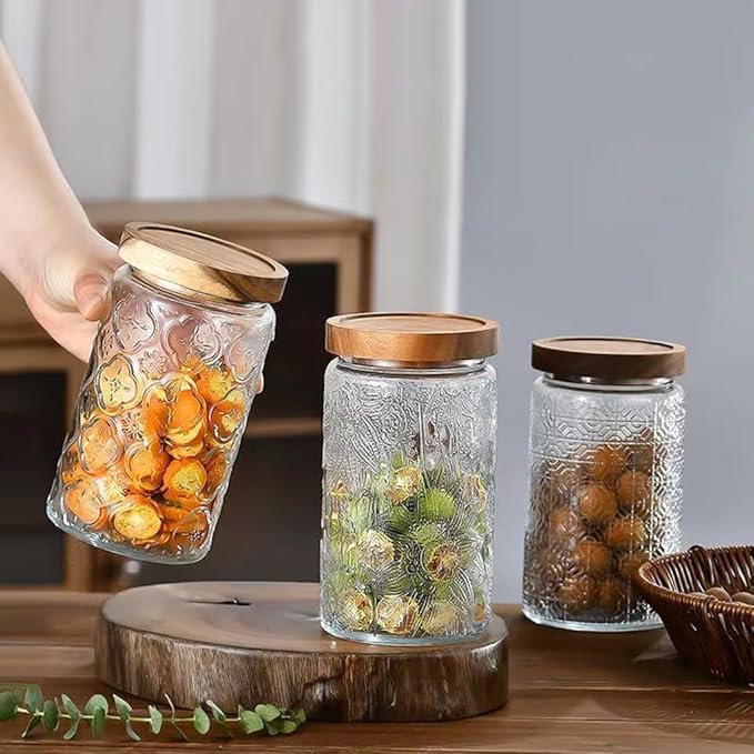 ANSQU Vintage Glass Storage Jar, 34oz Glass Canister Storage Jar Container with Airtight Wooden Lid for Kitchen Counter, Pantry, Coffee, Tea, Sugar, Cookie Jars (Round-Sunflower)