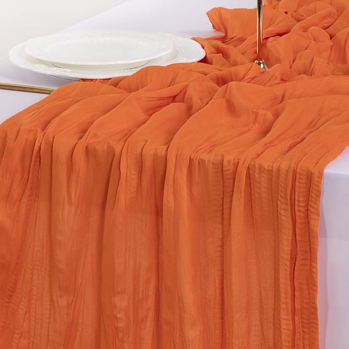 Socomi 10pcs Orange Fall Thanksgiving Cheesecloth Table Runner Boho Rustic Gauze 120 inch 10FT Cheese Cloth Runner for Wedding Party Baby Shower Birthday Home Decor Holiday Decorations