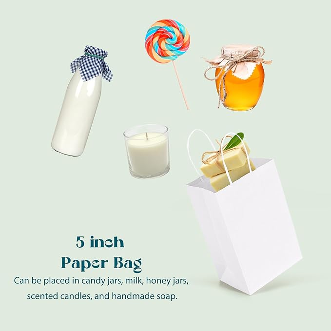 MESHA Gift Paper Bags 20Pcs 5.25x3.75x8 Inch White Small Shopping Kraft Bags Bulk with Handles Reusable for Business Grocery Birthday Wedding Kids Party Favors(Made in USA)