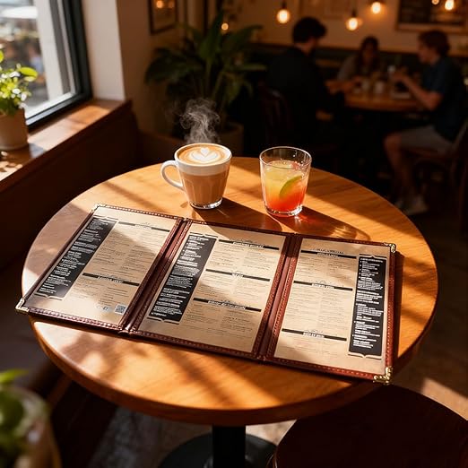 Goodsmart Restaurant Menu Covers – Burgundy, 25 Pack, 6-View Trifold 5.5" x 8.5", Side-Loading Vinyl & Plastic Menu Holders, Clear Menu Sleeves, Leather-Style Café Covers with Gold Corners