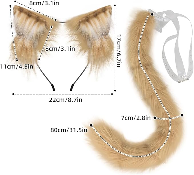 QinRuan Animal Cosplay Costume Accessories Furry Faux Fur Cat Ears Headband and Fox Tail Set Halloween Accessory