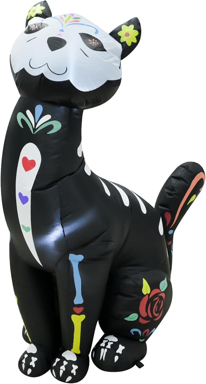 4FT Halloween Skeleton Cat Inflatable Decoration Spooky Blow Up Yard Decor with LED Lights Party Indoor Outdoor Holiday Yard Graden Decoration
