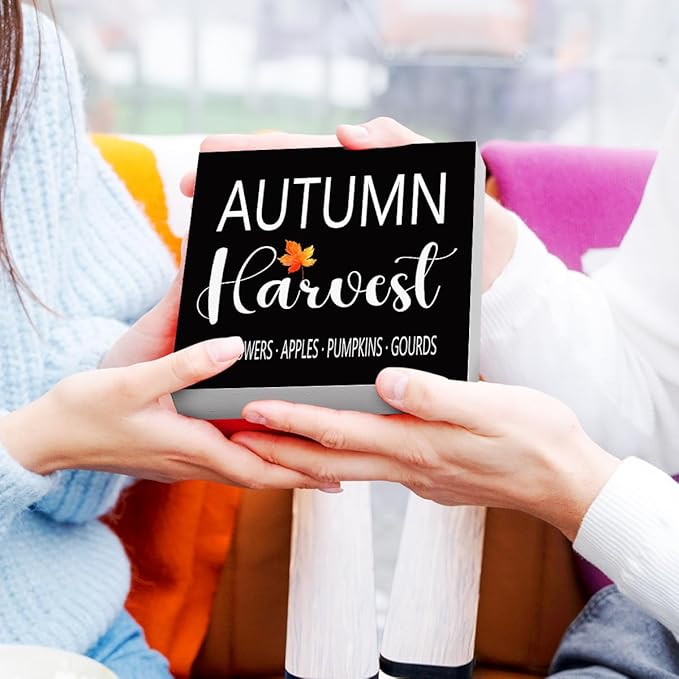 Funny Autumn Wood Box Sign Autumn Harvest Wooden Block Desk Decor for Home Office Kitchen Cubicle Table Shelf Tabletop,Farmhouse Fall Sign Decor