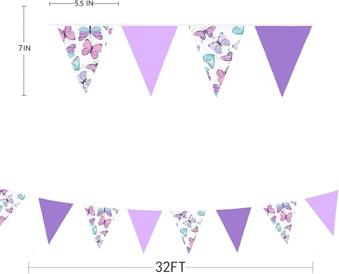 32Ft Pink Purple Butterfly Triangle Flag Fabric Banner Pennant Garland Streamer for Birthday Wedding Baby Shower Lavender Mermaid Girls Tea Party Decor
