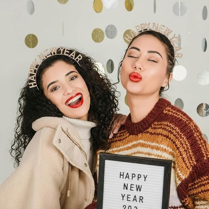 Happy New Year Rhinestone Headband for Women Girls,Crystal Tiara For New Year’s Eve Party Supplies (gold)