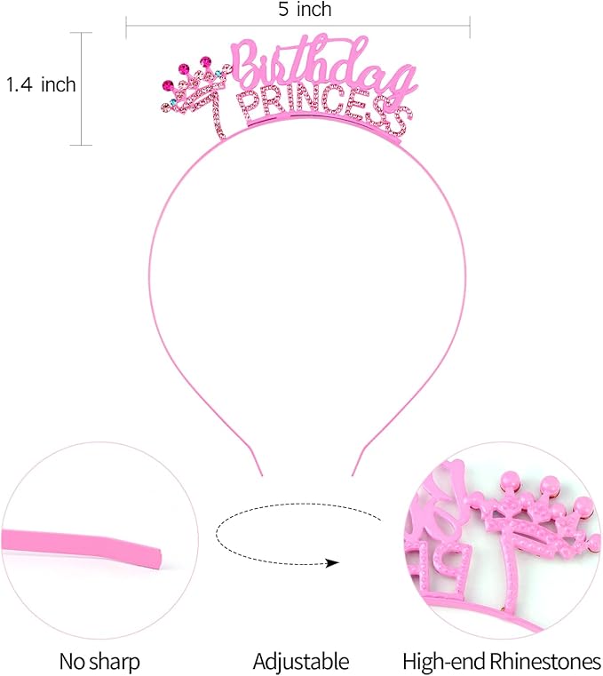 VELSCRUN 2nd 3rd 4-9th Birthday Princess Headband Pink Tiara Crown for Girls It's My Birthday Sash Party Decorations Gifts