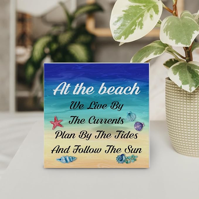 Summer Beach Decor Seashell Wood Block Sign Summer Decorations for Home Desk Table Shelf 5 x 5 Inches