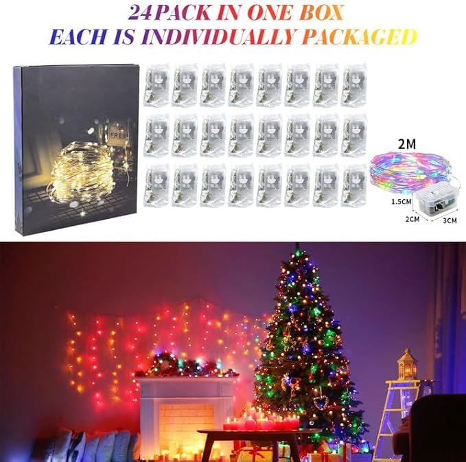 ZGWJ 24 Pack Fairy Lights Battery Operated, 7ft 20 Mini LED Fairy String Lights Silver Wire 3 Modes for DIY, Parties, Wedding, Bedroom, Halloween Christmas Decoration Mixed-Color