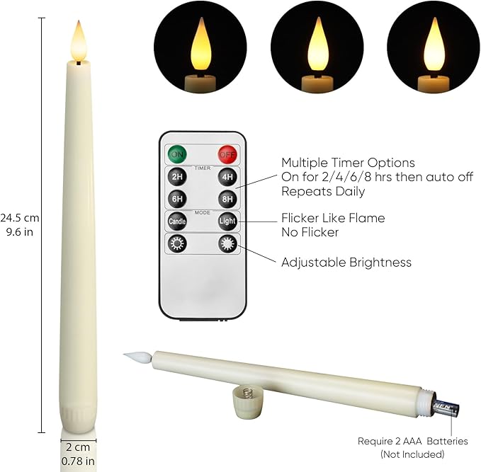 Homemory 12 Pcs Waxy Flameless Taper Candles with Remote, Led Flameless Candlesticks Classic Tall Candle, Flickering Battery Operated Taper Candles for Bedroom, Dining Room, Ivory, 9.6 inches